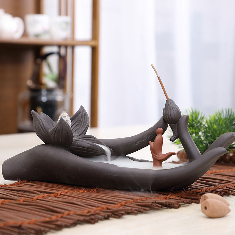 Ceramic Waterfall Incense Burner - Buddha Hand Tea/ Chai kettle Incense Burner - Indoor Smoke Back-flow Incense Fountain - Buddhist Altar Table Decor